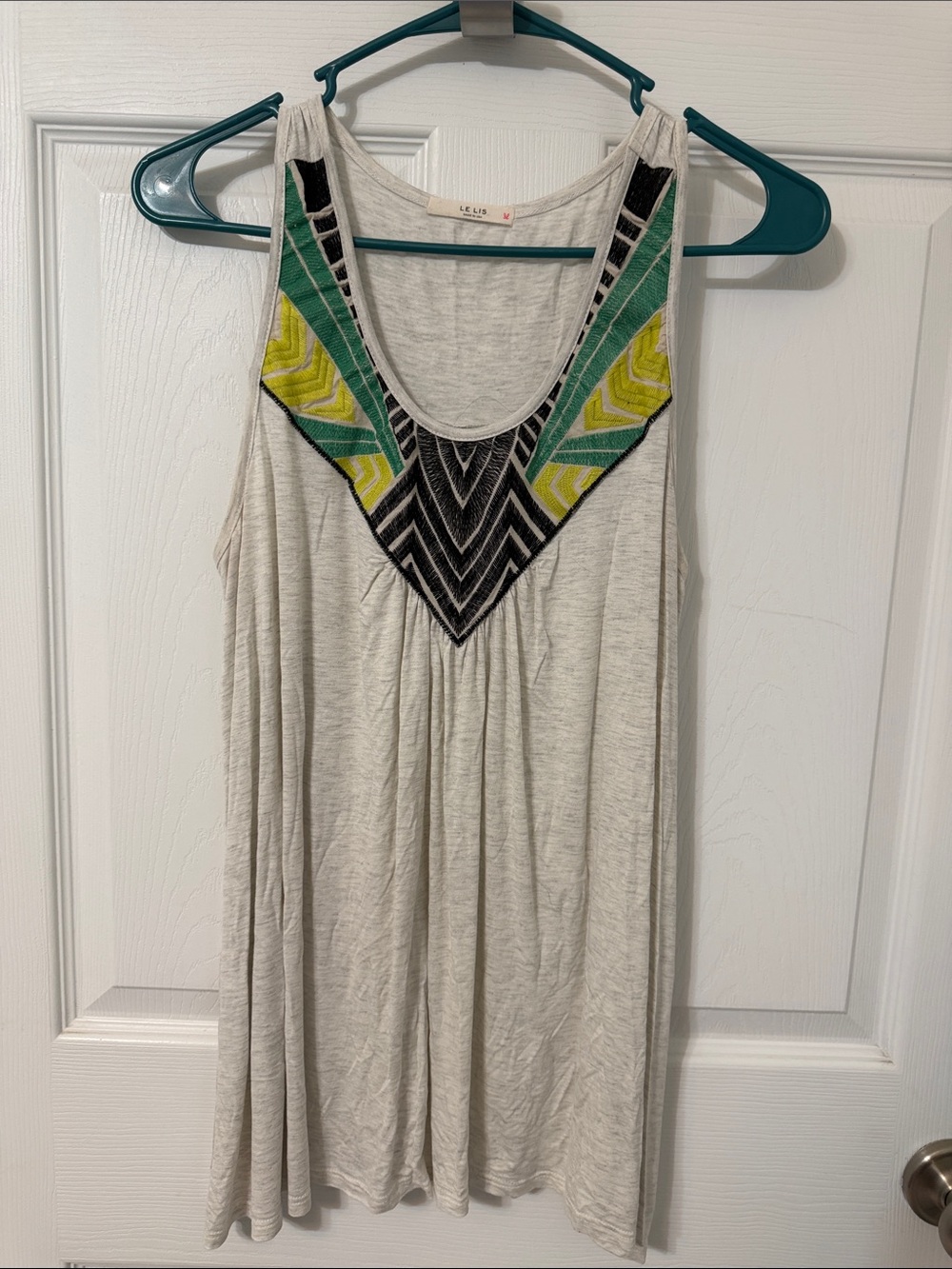 Le Lis Cream Tank with Green & Yellow Geometric Embroidery